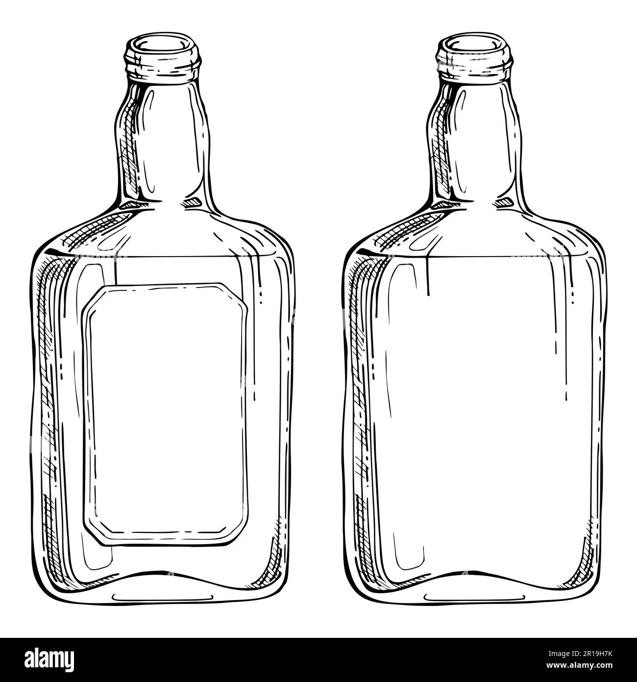Ink hand drawn vector sketch of isolated object. Scotch whisky whiskey glass square bottle with label. Scottish symbol drink. Design for tourism Stock Vector