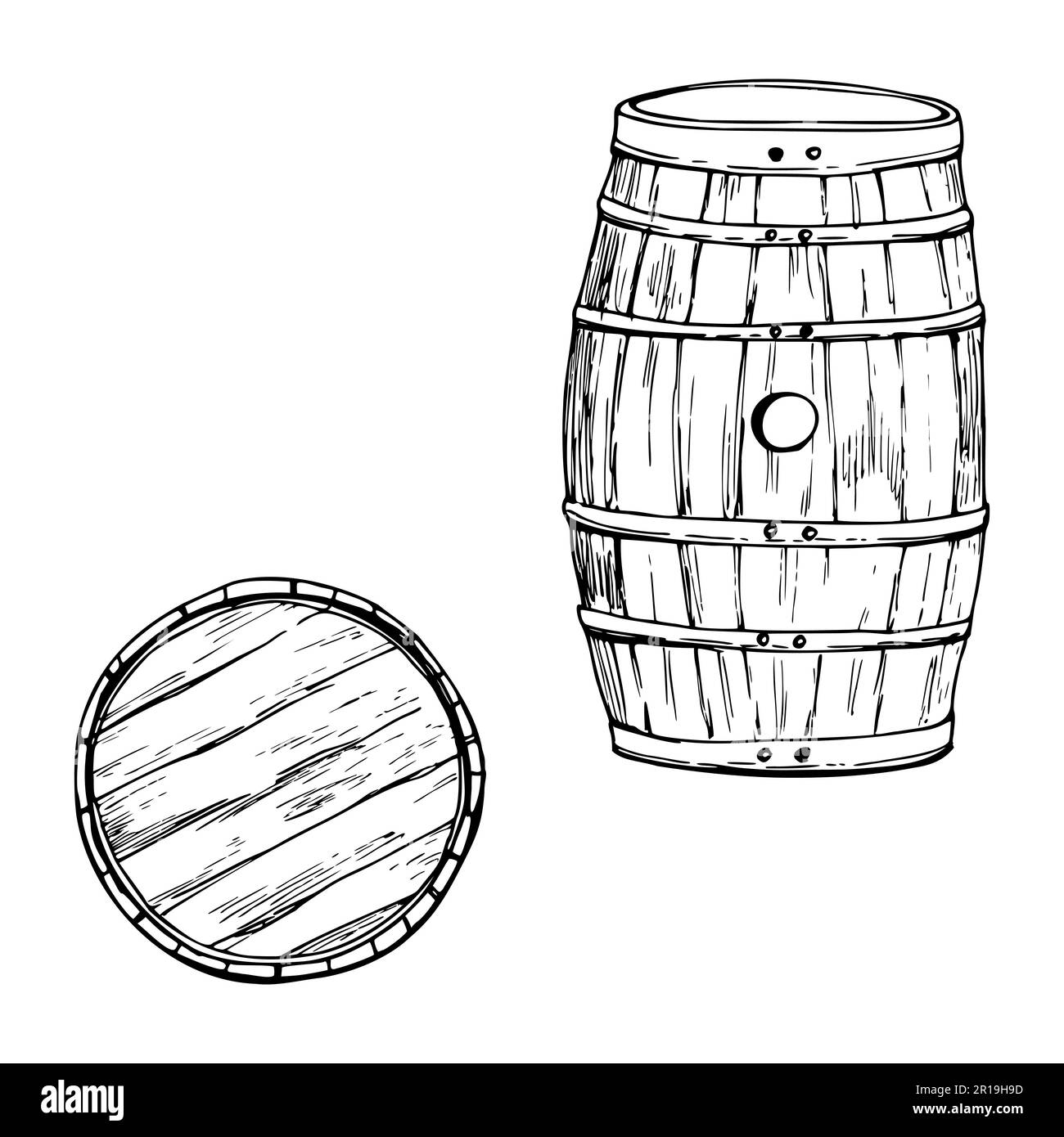 Ink hand drawn vector sketch of isolated object. Wooden barrel side and top view for storing liquor whisky whiskey sherry beer. Design for tourism Stock Vector