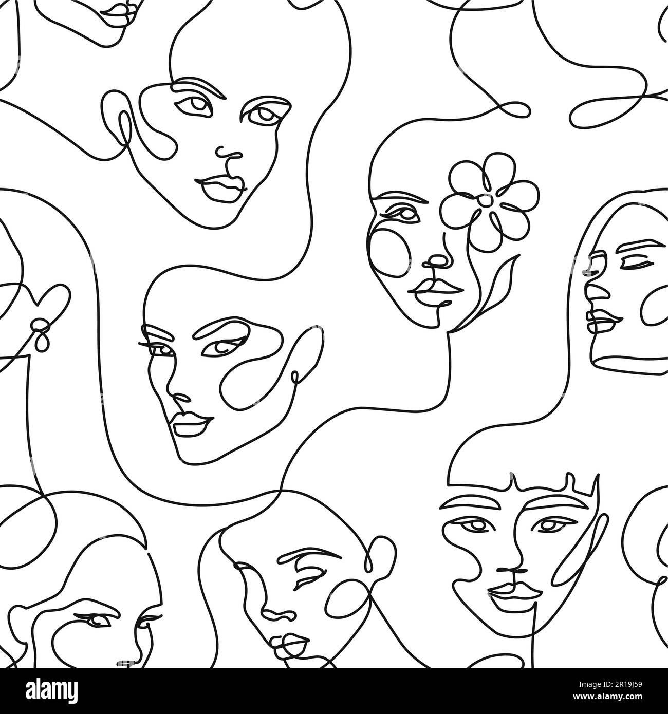 Continuous one line faces pattern. Linear female beauty models, abstract contour lines female portraits and minimalist style women vector seamless Stock Vector