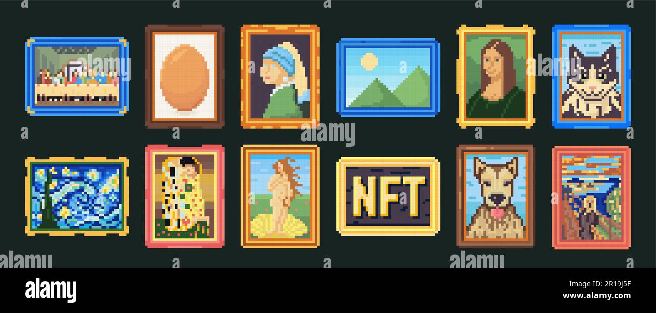 Pixel art framed paintings. Pixelated picture, 8bit drawing image and