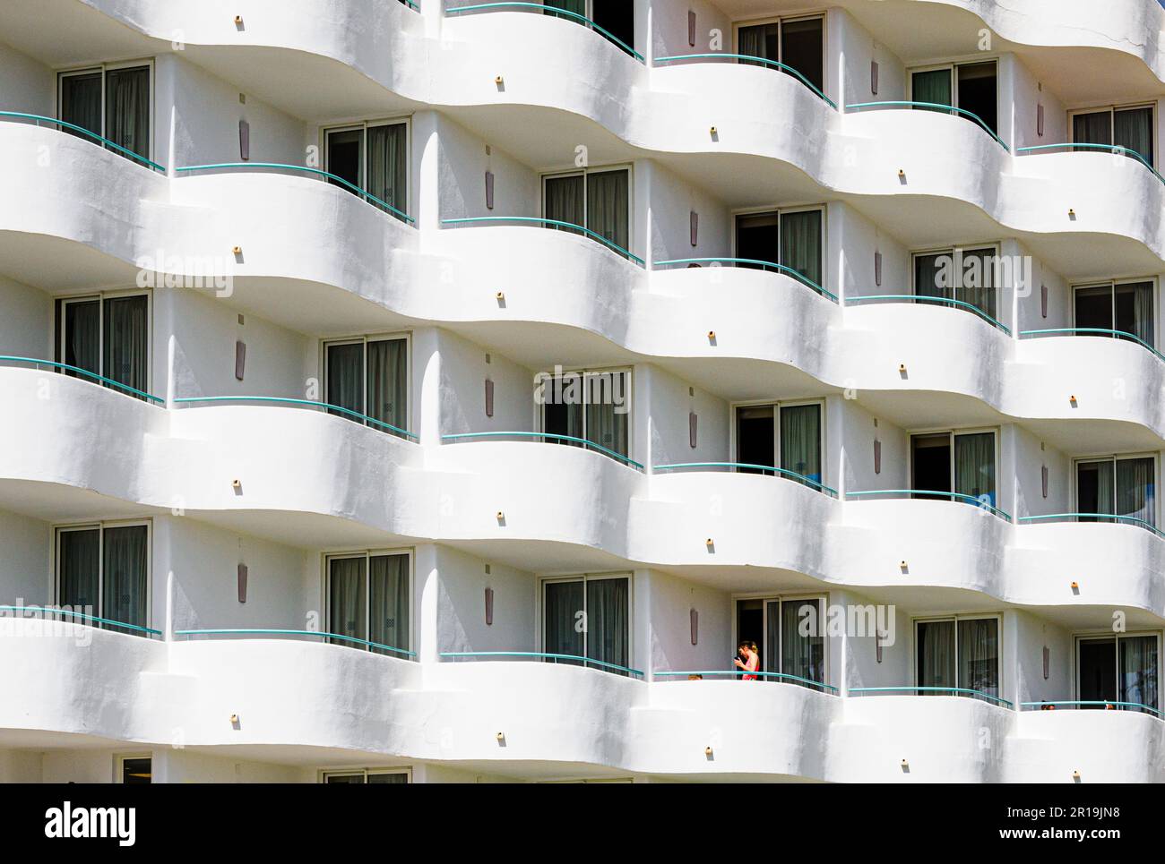 Balconies of holiday apartments in a multistorey hotel in Majorca Spain Stock Photo