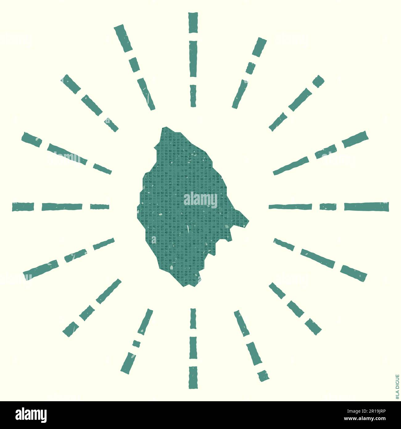La Digue Logo. Grunge sunburst poster with map of the island. Shape of ...