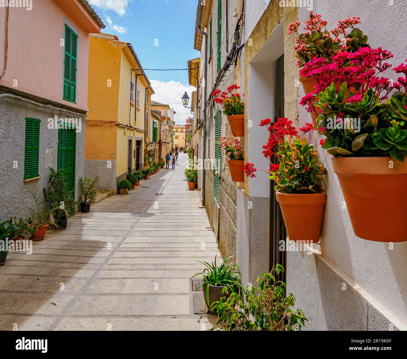 Flowery streets of Alcudia a walled town on the north-east coast of Majorca Spain Stock Photo