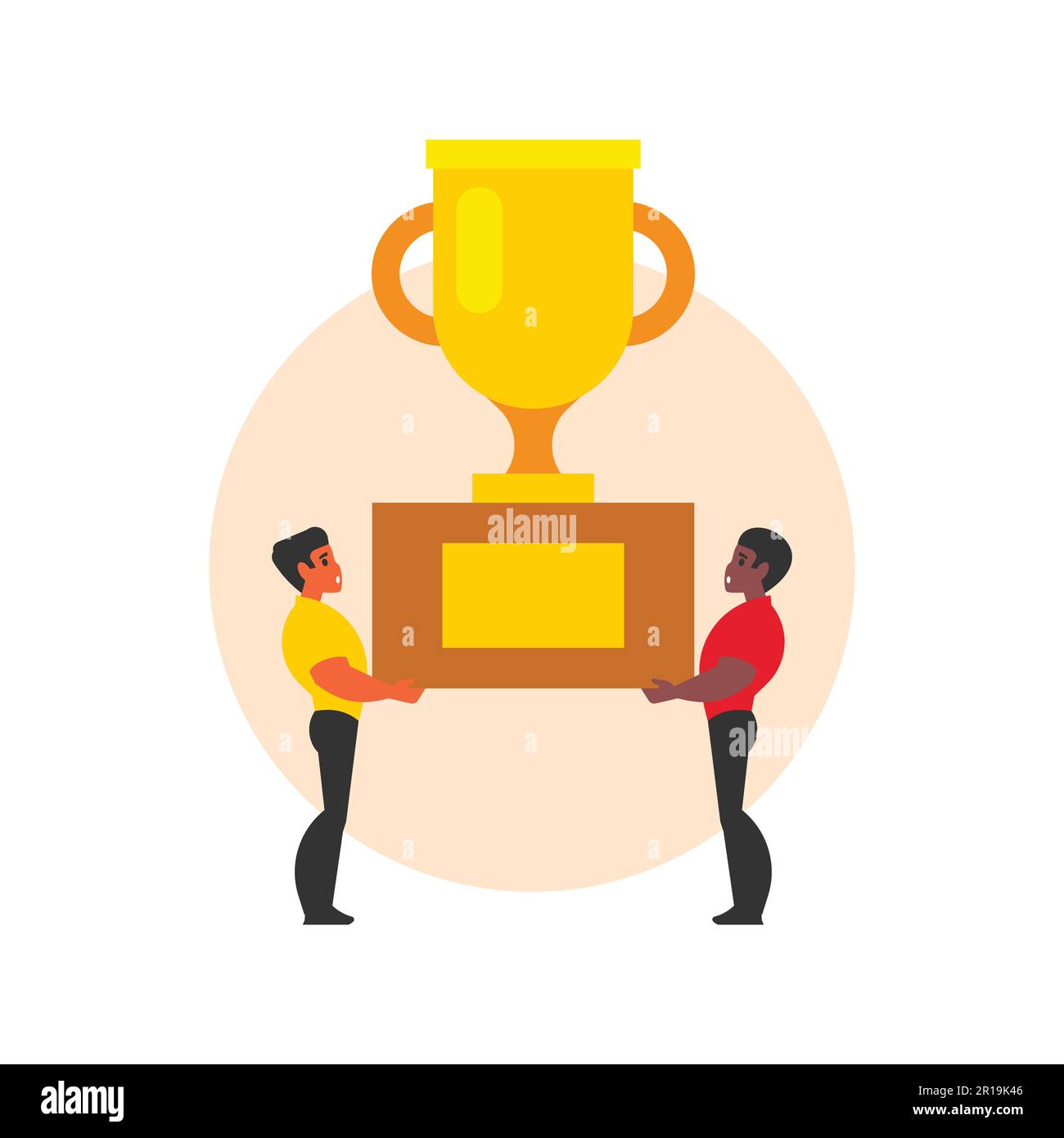 Man and woman holding golden trophy cup. Vector illustration in flat ...