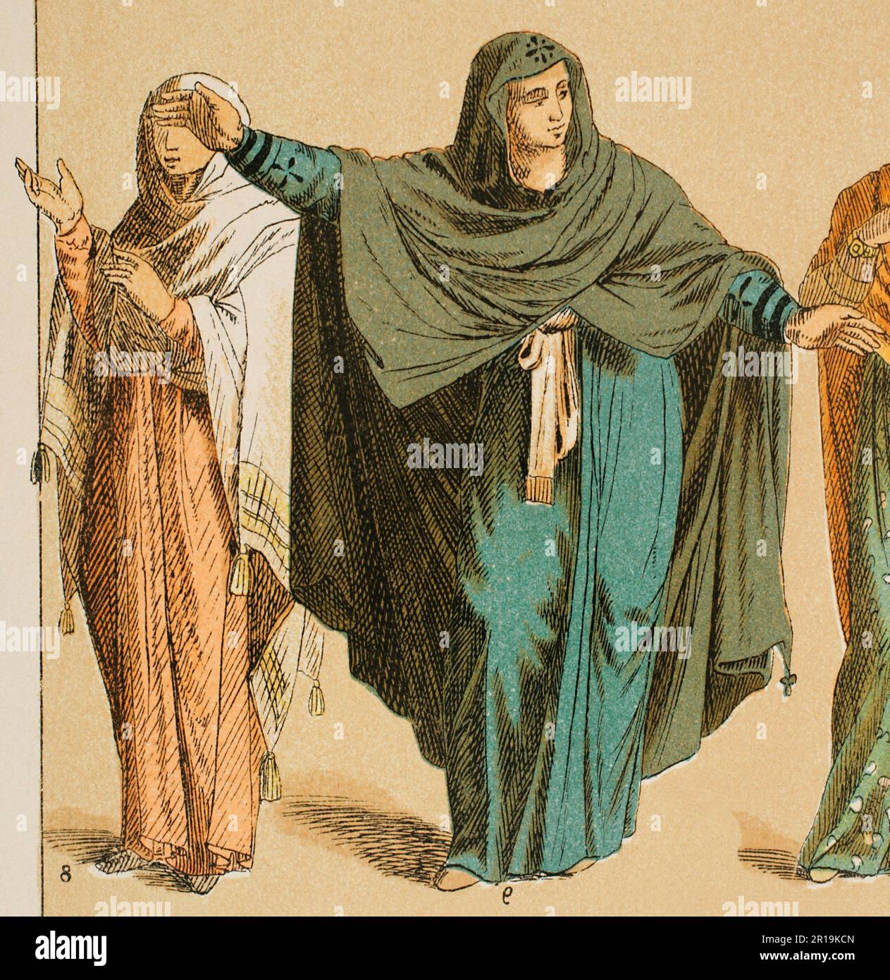Eastern Roman Empire. Byzantines (400-600). Women's dress with long tunic. Chromolithography. 'Historia Universal', by César Cantú. Volume III, 1882. Stock Photo