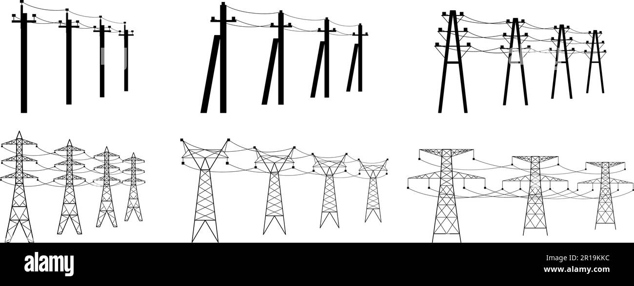 Energy distribution towers. High voltage power lines, utility pylons with electrical cable and powerline wires poles vector illustration set Stock Vector