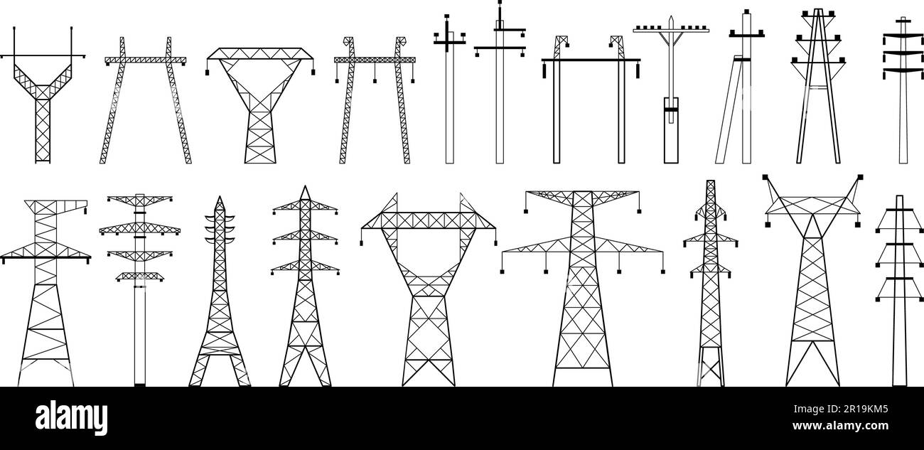 Electric pylon silhouette. High voltage electric line, power transmission pole types and energy network towers vector illustration set Stock Vector