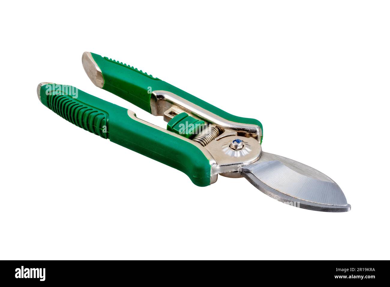 Closeup of an Isolated garden pruner with a green handle Stock Photo