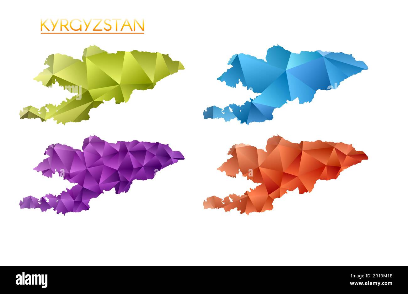 Set of vector polygonal maps of Kyrgyzstan. Bright gradient map of country in low poly style. Stock Vector