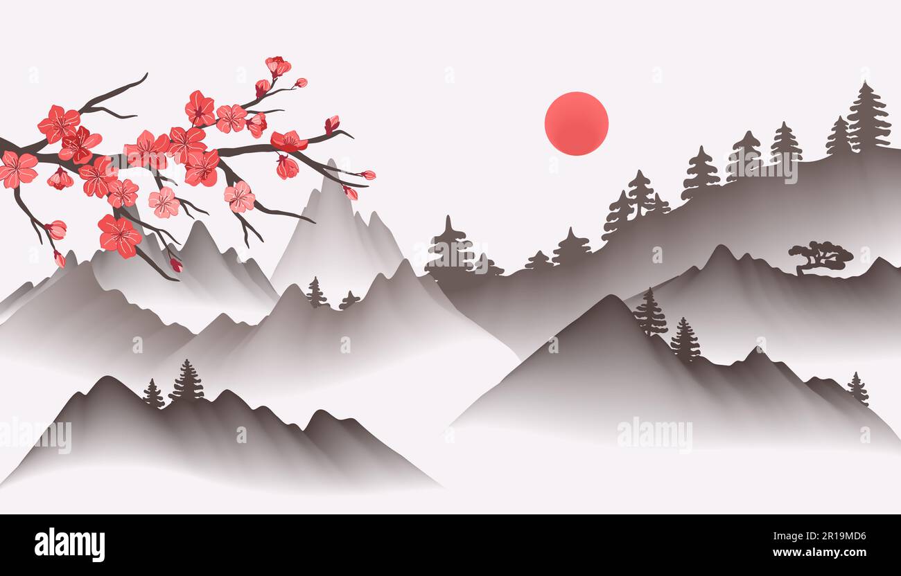 Chinese landscape painting. Oriental asian background with foggy mountains and sakura blossom branch vector illustration Stock Vector