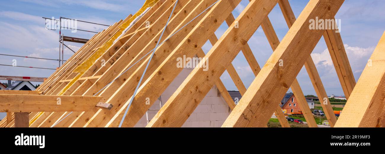roof truss in construction of a new built house Stock Photo