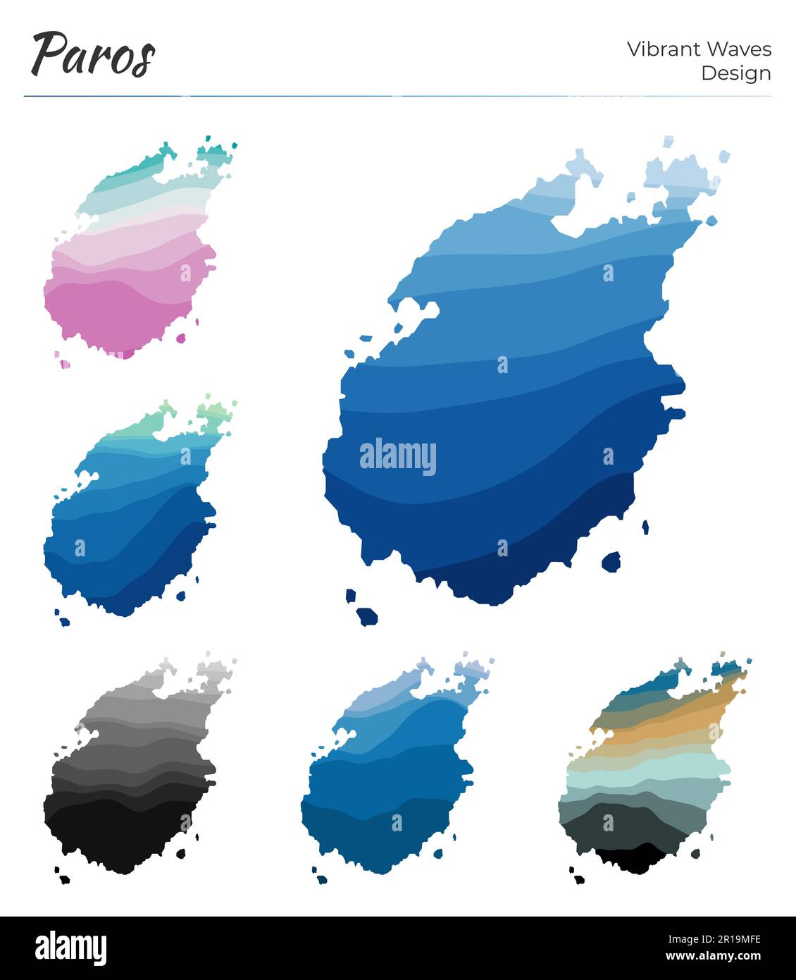 Set of vector maps of Paros. Vibrant waves design. Bright map of island ...