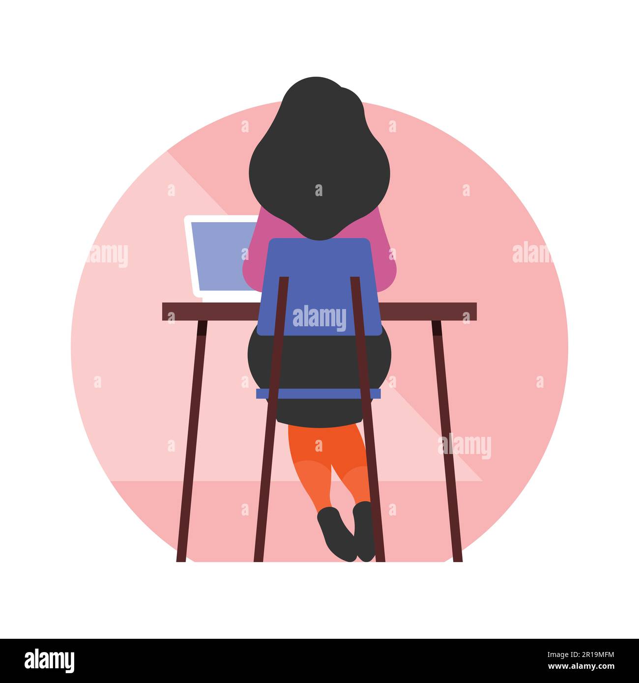 Girl sitting at the table with laptop. Flat style vector illustration ...