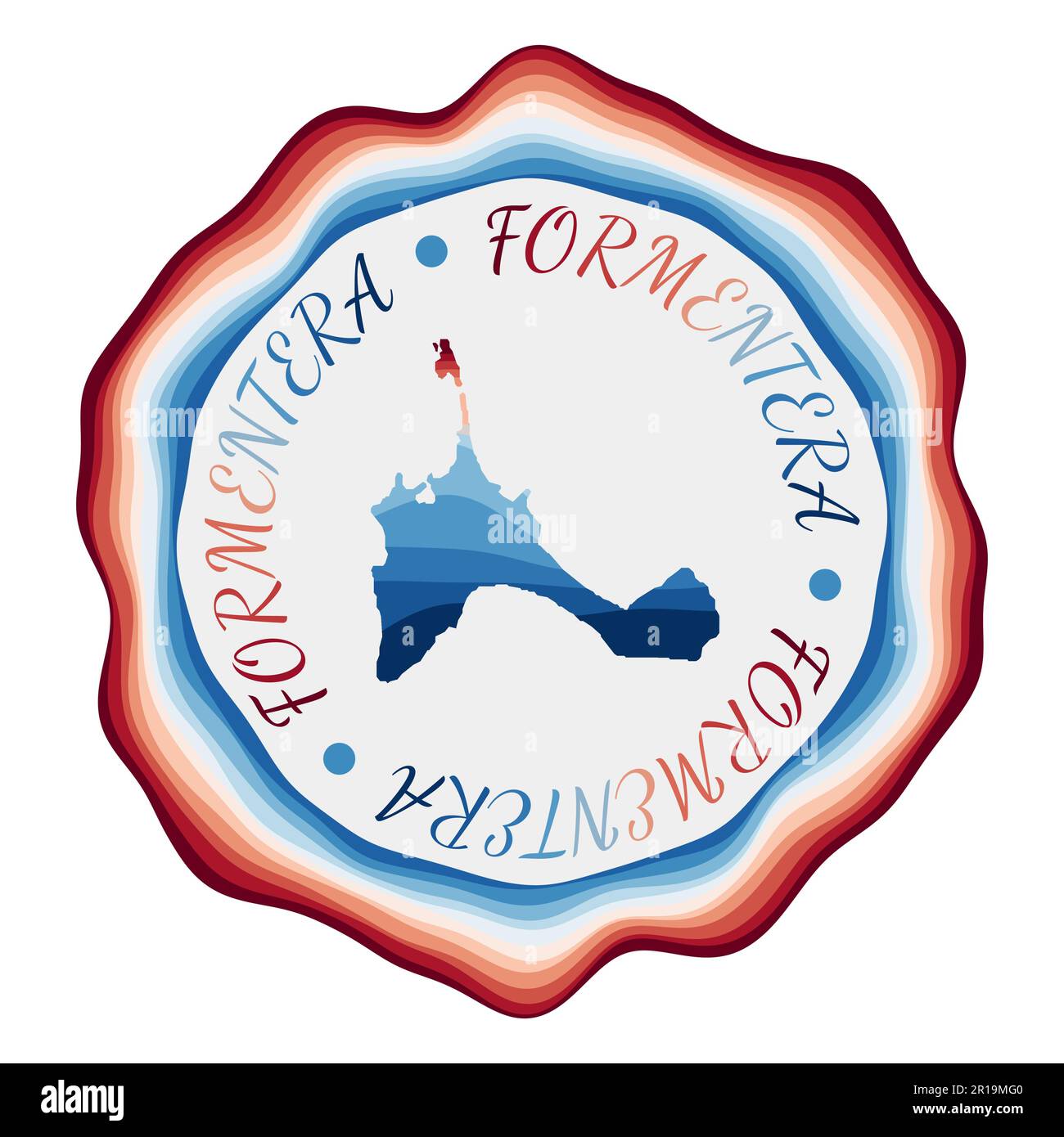 Formentera badge. Map of the island with beautiful geometric waves and vibrant red blue frame. Vivid round Formentera logo. Vector illustration. Stock Vector