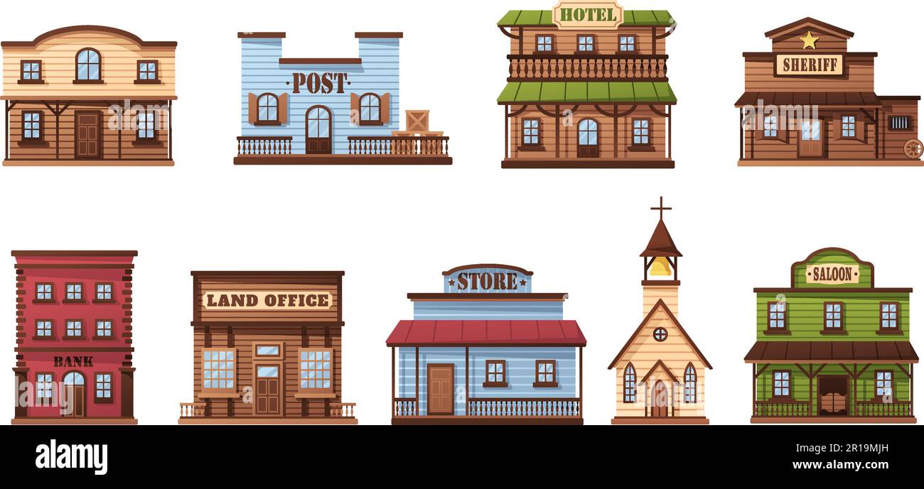 Wild west buildings. Western town houses, wooden saloon and sheriff office city building vector illustration set Stock Vector