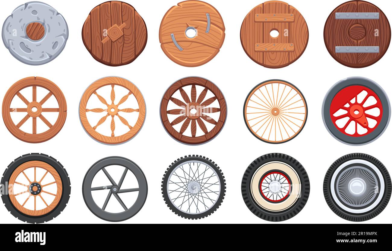 Ancient wheel. Wooden wheelbarrow, rusty wagon and old stone wheels