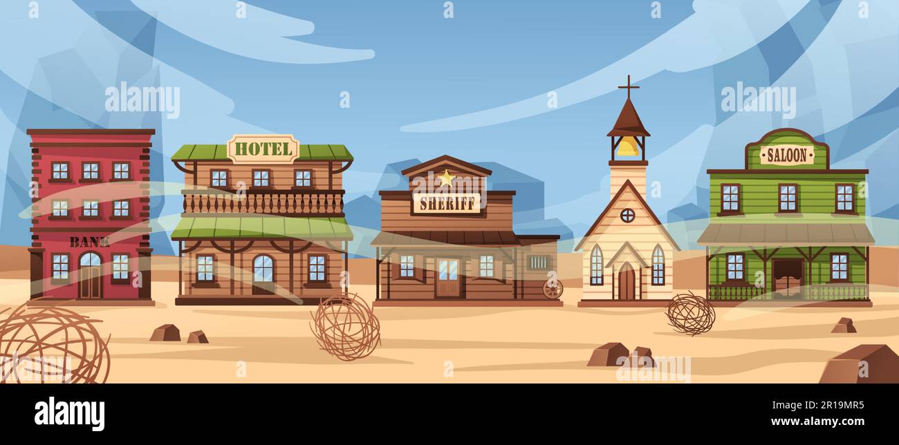 Wild west town. Western America street with old wooden church, rustic hotel, saloon and bank buildings. Cowboy city cartoon vector background Stock Vector