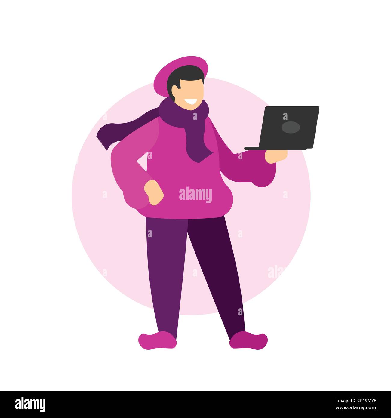 Woman in winter clothes with laptop Stock Vector