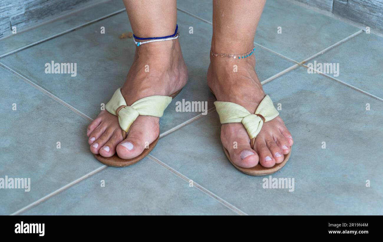 Woman Wearing Skirt and Blue Flip Flops Stock Photo - Image of