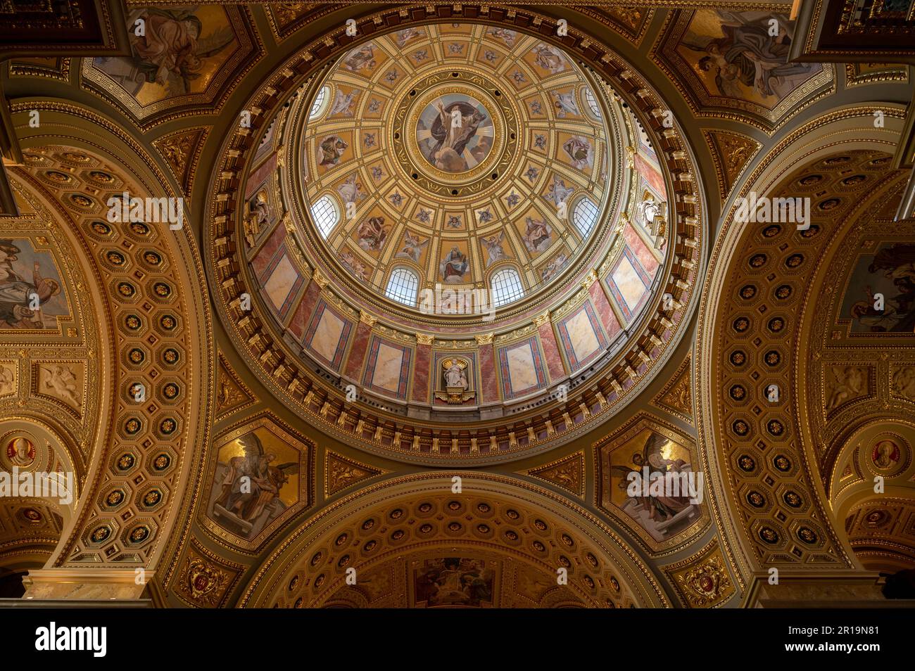 Dome of Saint Stephen Basilica in the centre of Budapest, capital city of Hungary. Interior view of the main dome in the catholic cathedral. Stock Photo