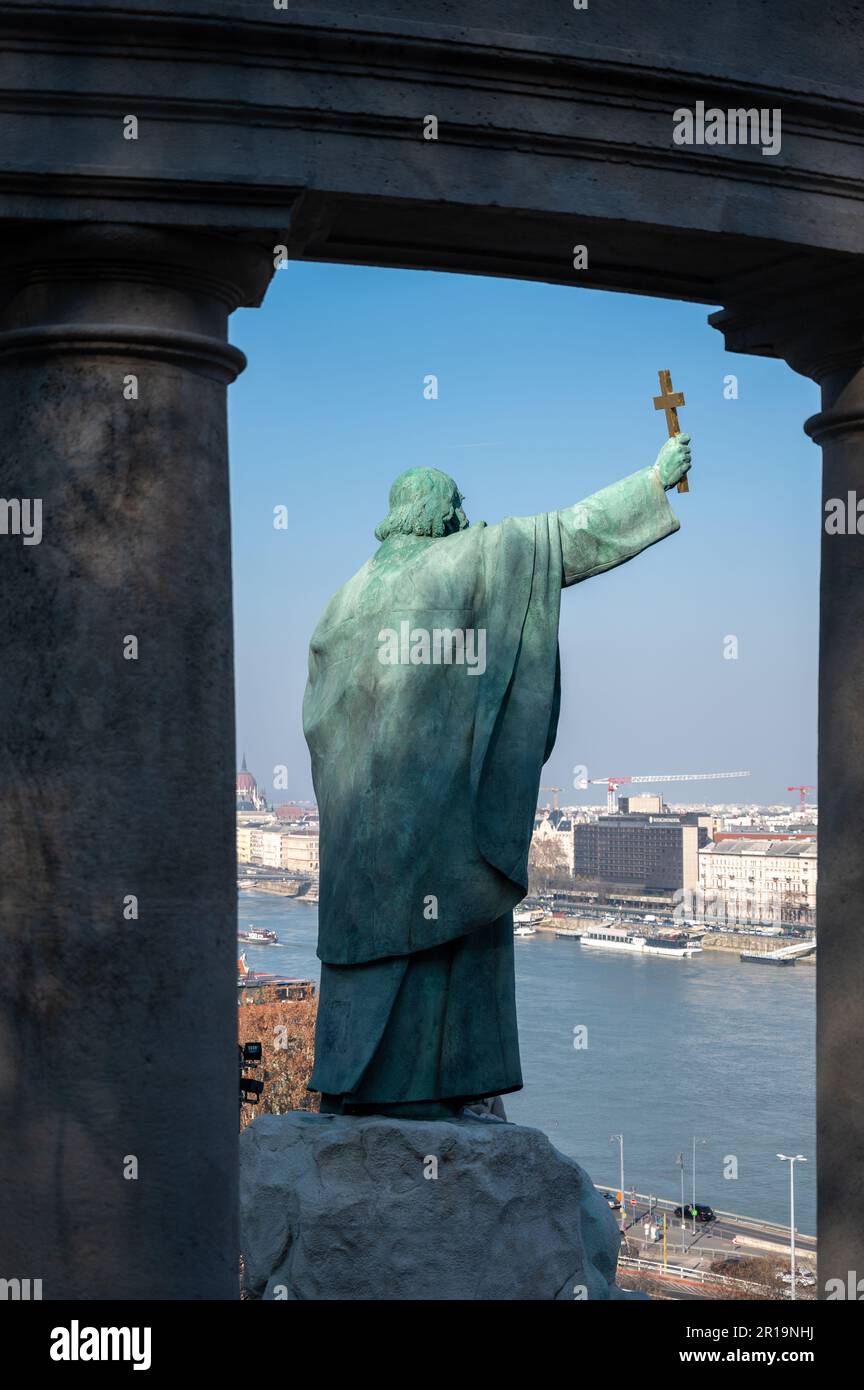 St Gerard Sagredo bronze statue. Designed by Gyula Jankovits, erected in 1904 standing in Buda