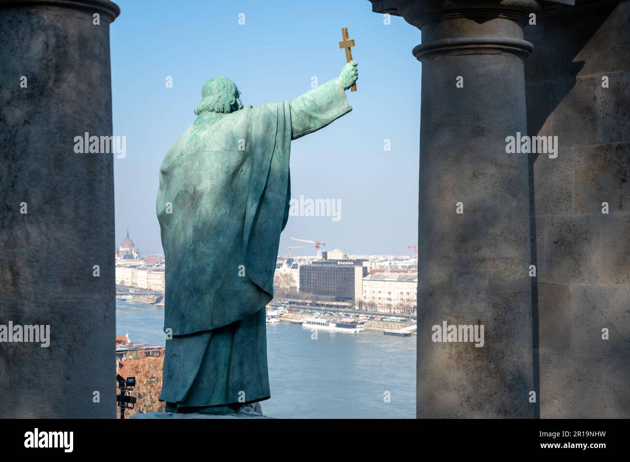 St Gerard Sagredo bronze statue. Designed by Gyula Jankovits, erected in 1904 standing in Buda