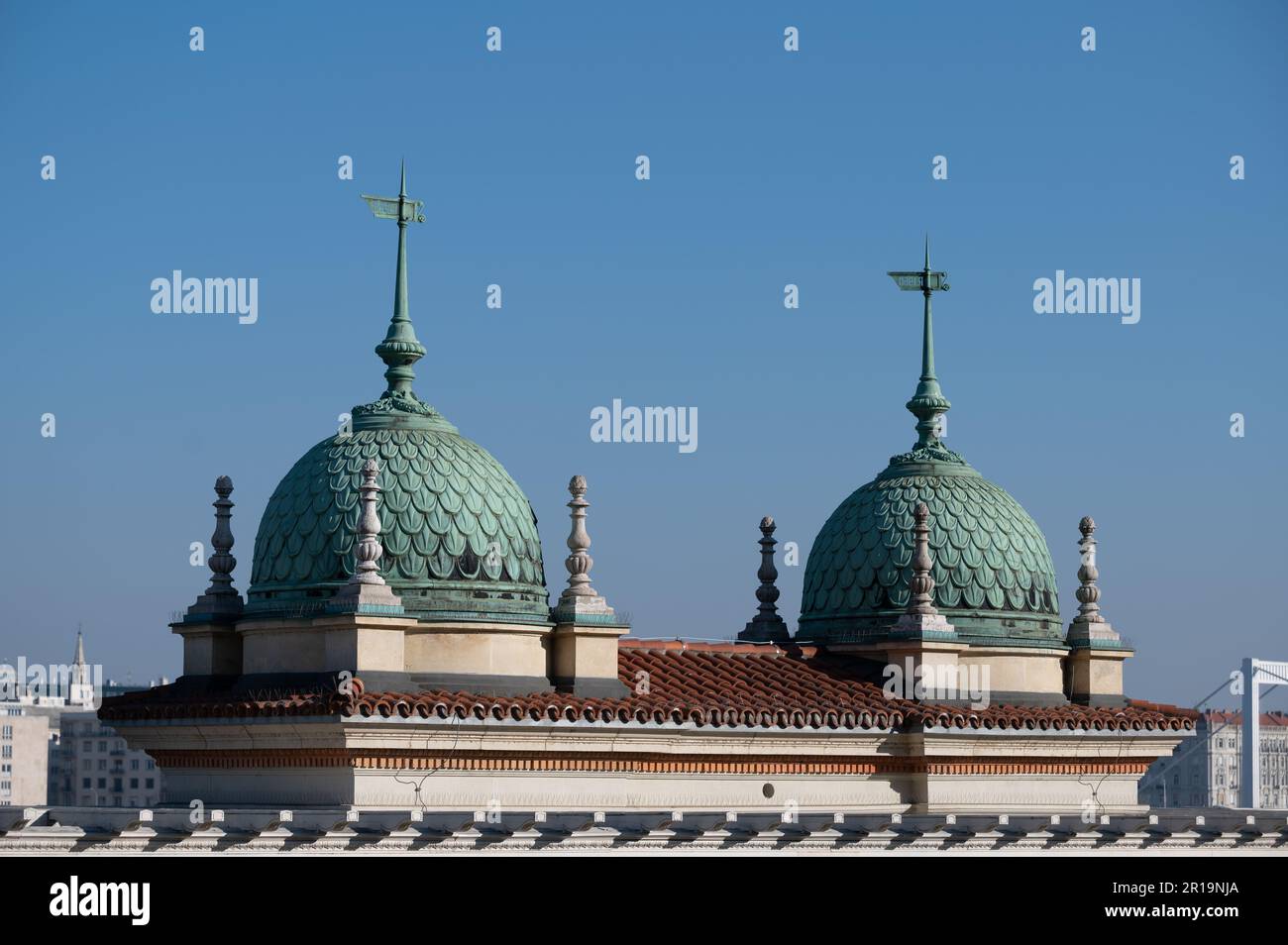 Ornate roofline of the Castle Garden Bazaar at the foot of Buda Castle overlooking the River Danube in the Hungarian capital city of Budapest. Stock Photo