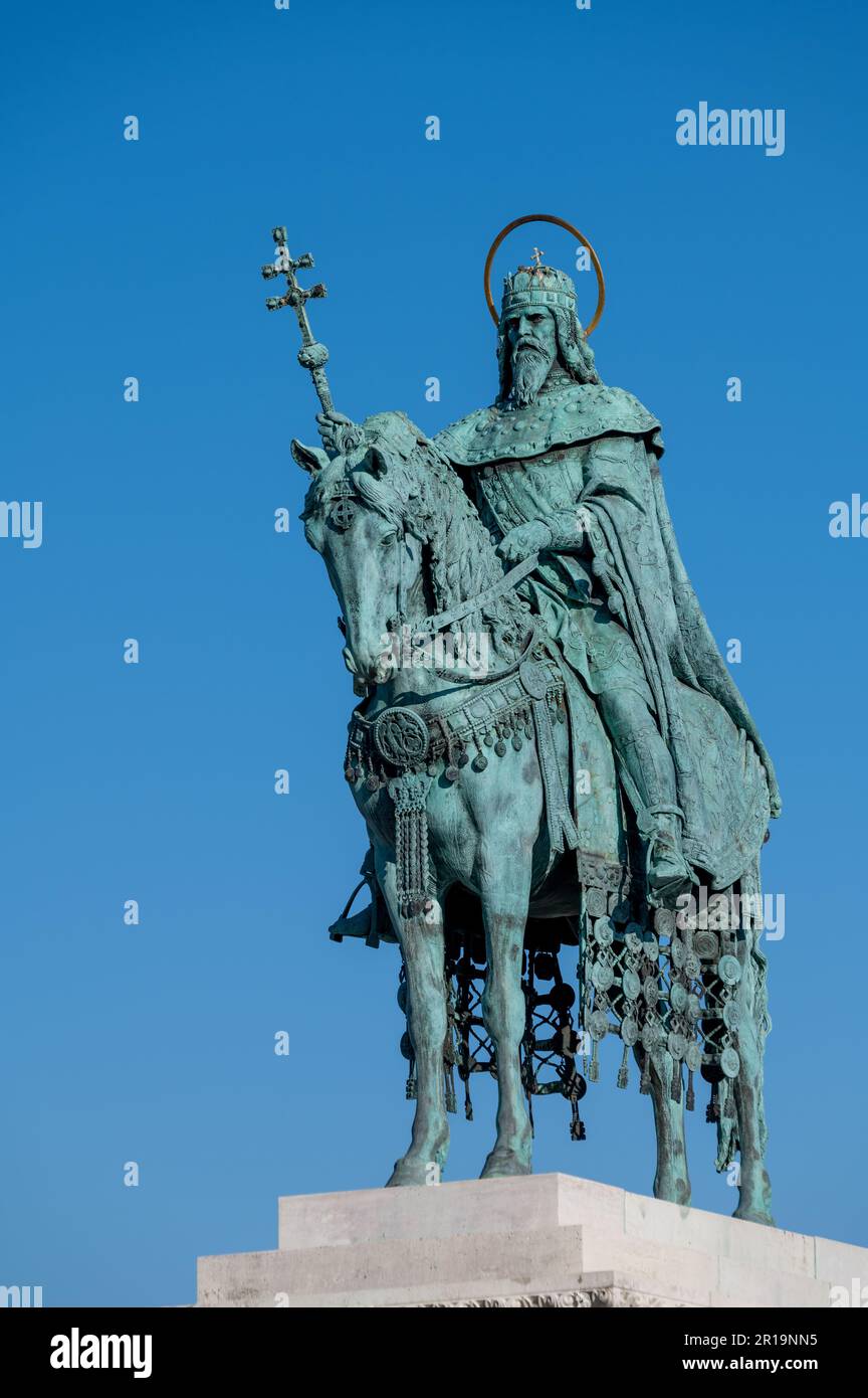 Bronze statue of Saint Stephen, first king of Hungary in the plaza of Fisherman's Wharf close to Matthias Church, Budapest, Hungary Stock Photo