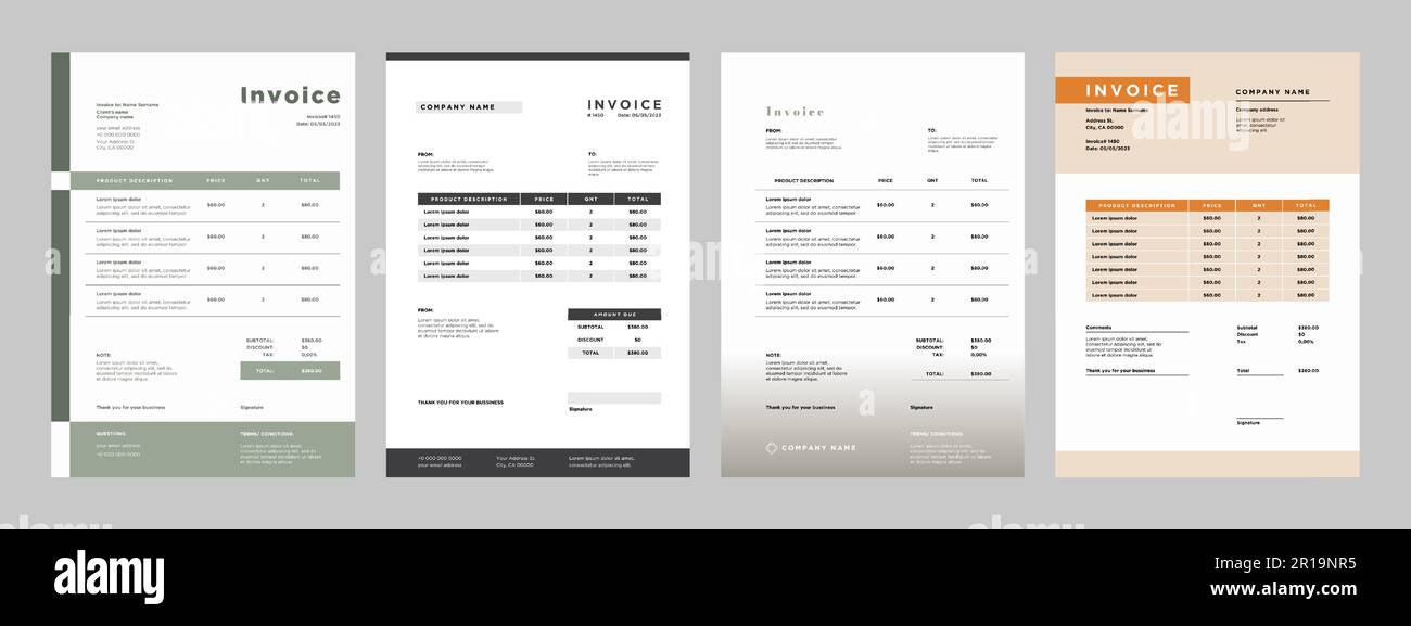 Business Invoice template. Professional payment agreement layout, corporate bill spreadsheet receipt and invoices for customer vector set Stock Vector