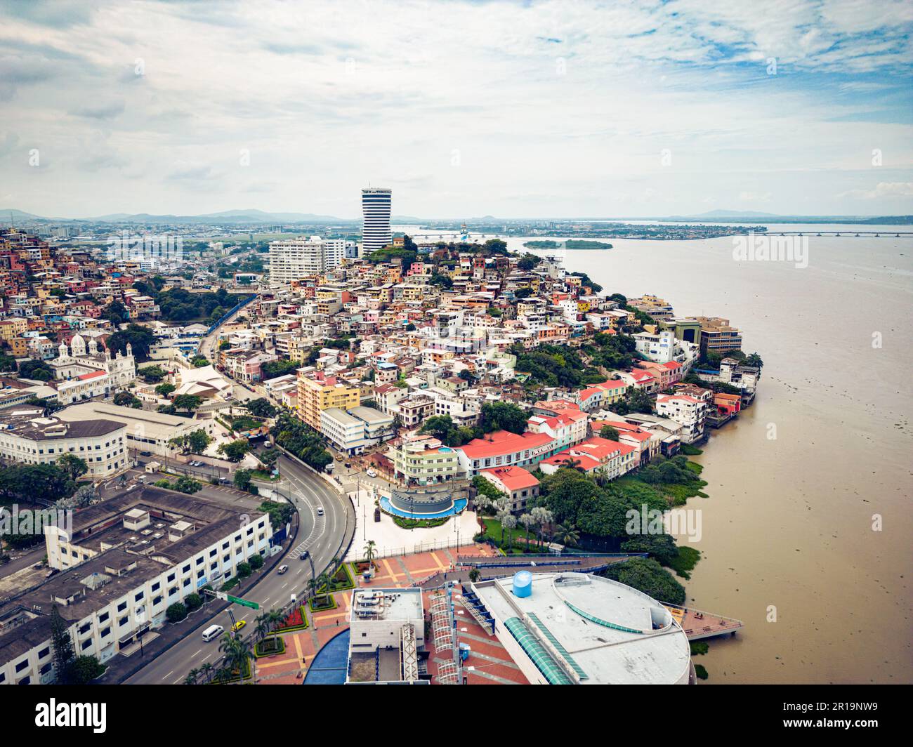 Aerial view of Malecon Simon Bolivar and Cerro Santa Ana in Guayaquil, a recreational place for locals and tourists near down town. Stock Photo