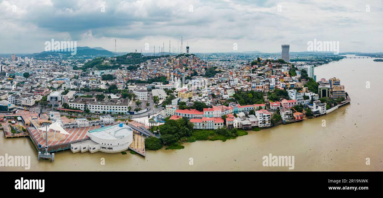 Aerial view of Malecon Simon Bolivar and Cerro Santa Ana in Guayaquil, a recreational place for locals and tourists near down town. Stock Photo