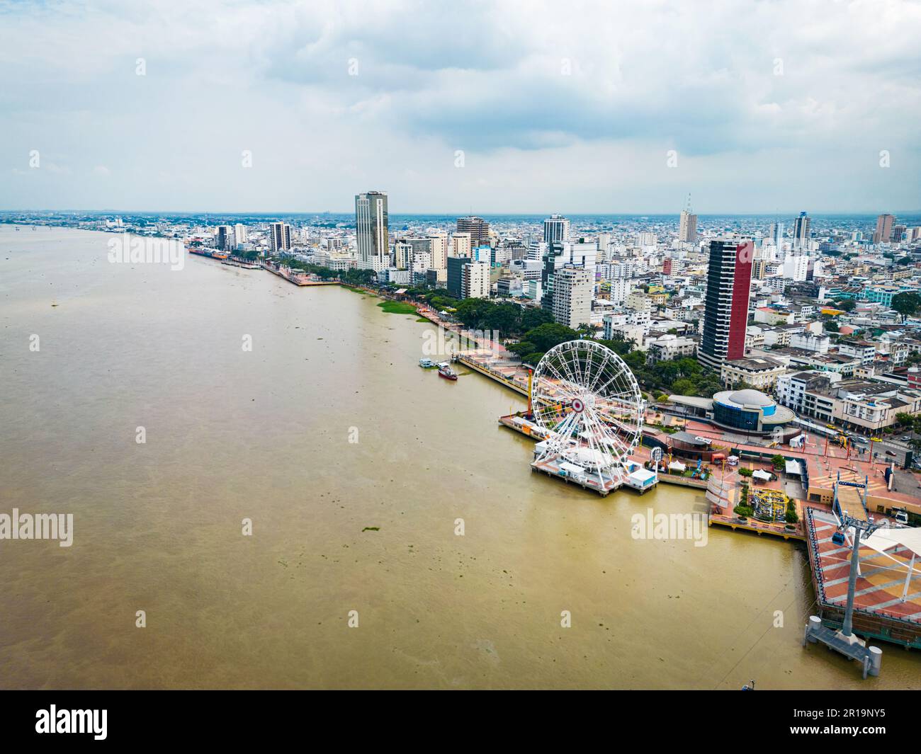 Aerial view of Malecon Simon Bolivar in Guayaquil, a recreational place for locals and tourists near down town. Stock Photo