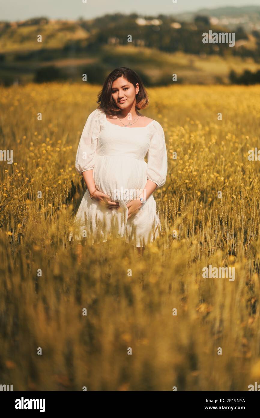 A pregnant woman in a white dress stands elegantly in a golden wheat field, radiating maternal serenity. Stock Photo