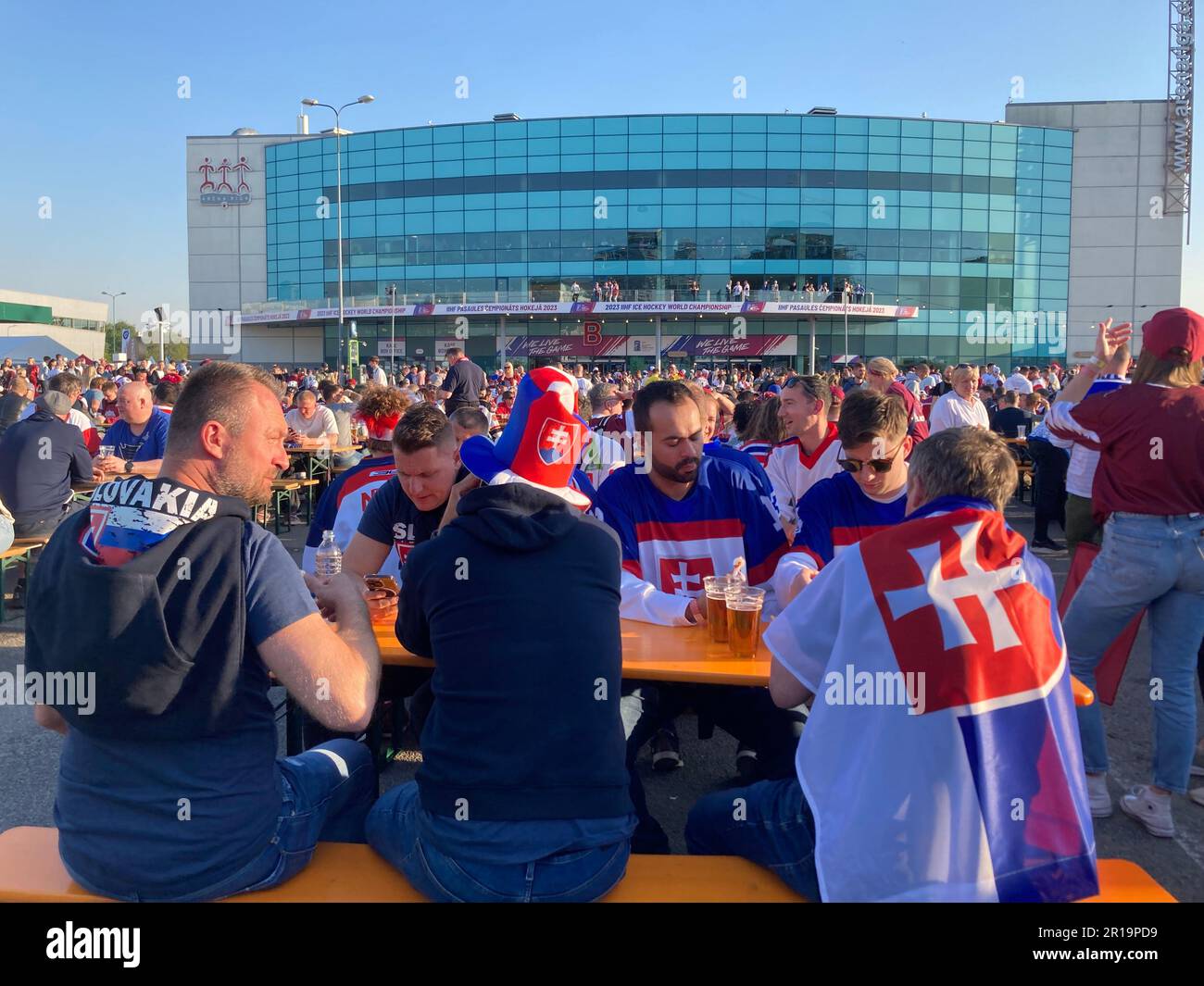 Riga, Latvia. 12th May, 2023. Slovak fans drinking beer in the fan zone