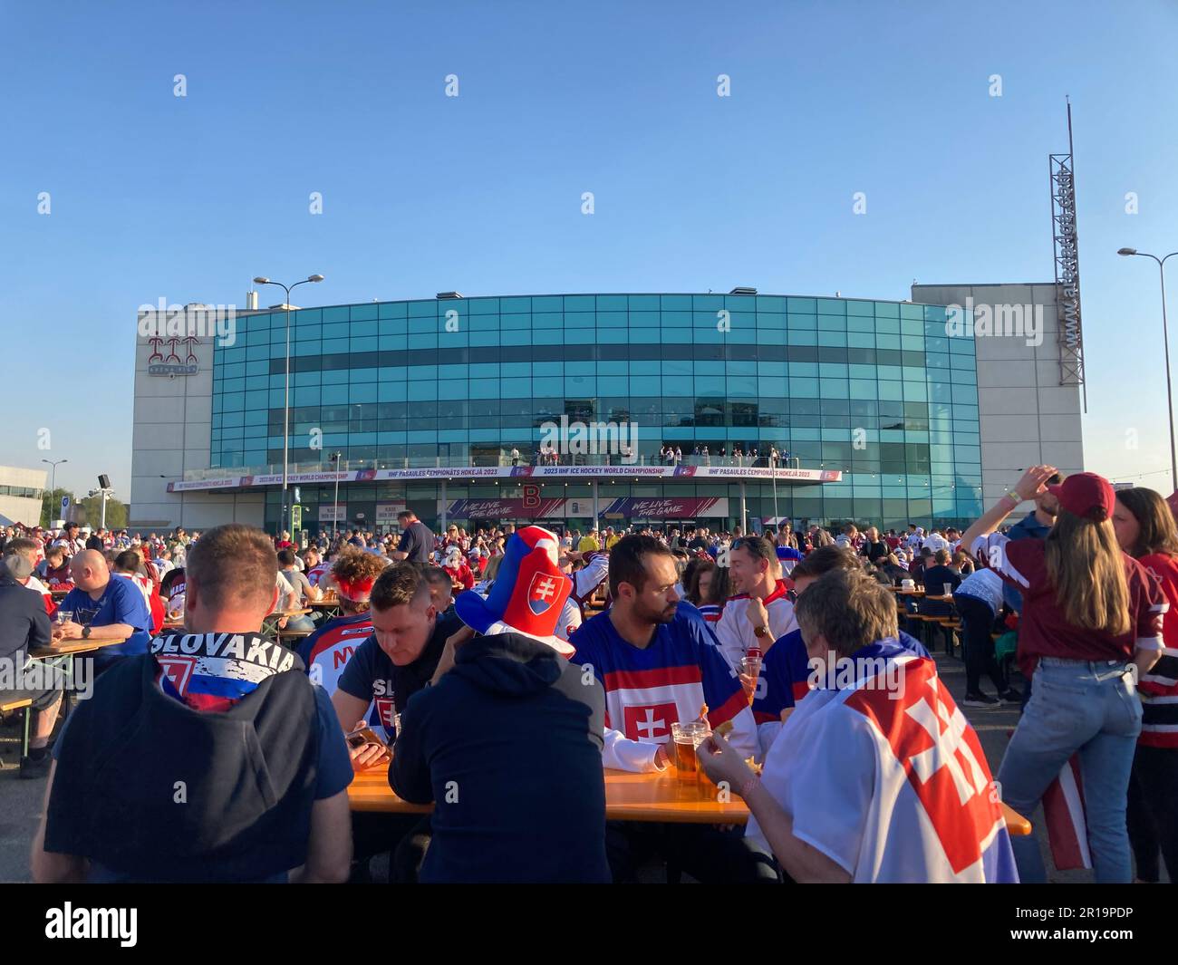 Riga, Latvia. 12th May, 2023. Slovak fans drinking beer in the fan zone