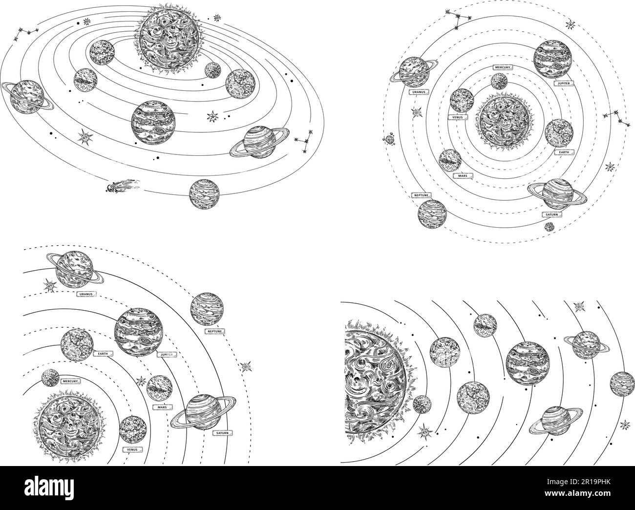 Solar system with planet orbits. Hand drawn planets revolve around sun, doodle space astronomy vector illustration set Stock Vector