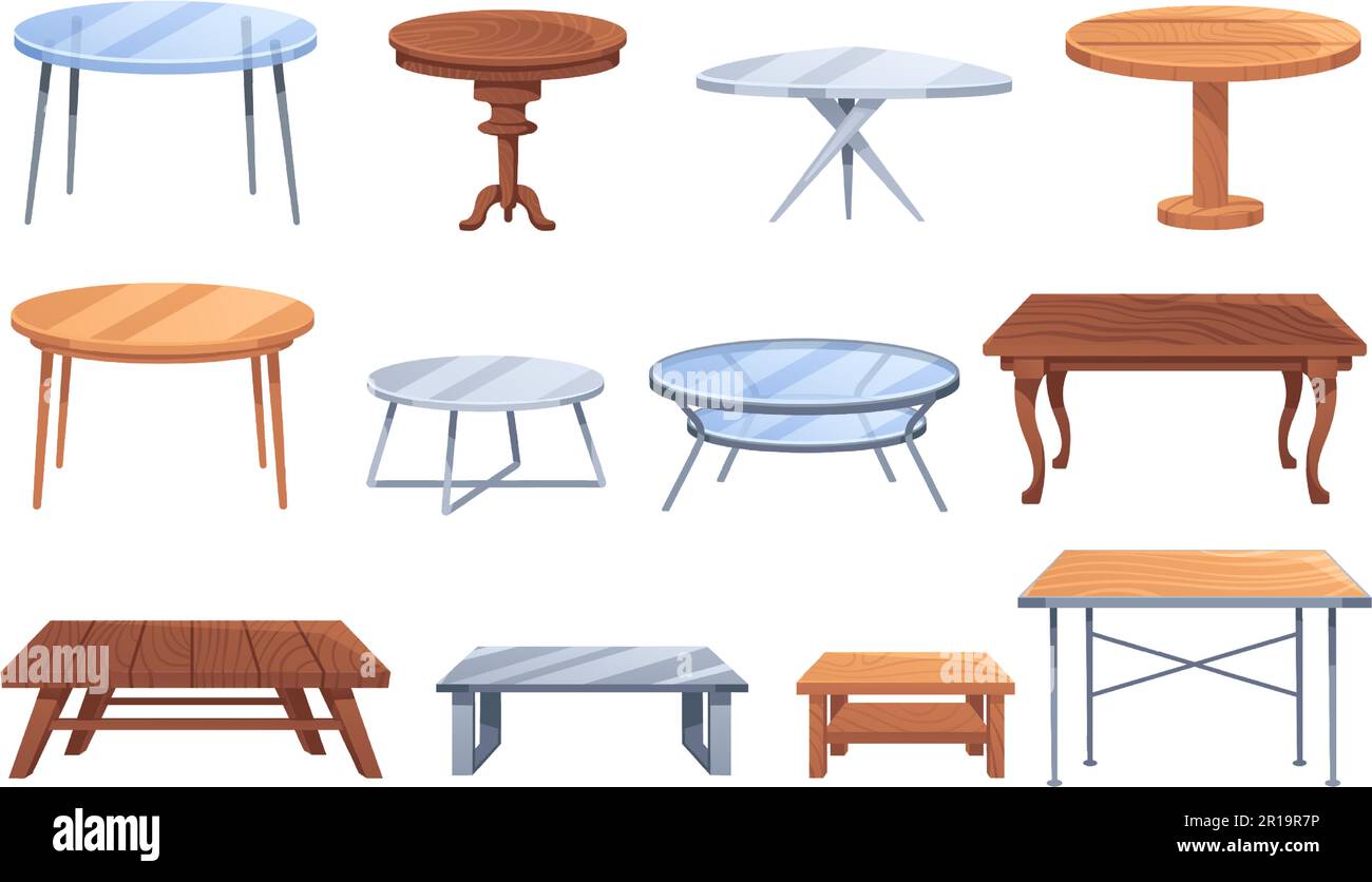 Cartoon table. Wooden, metal and glass cafe and home decor furniture