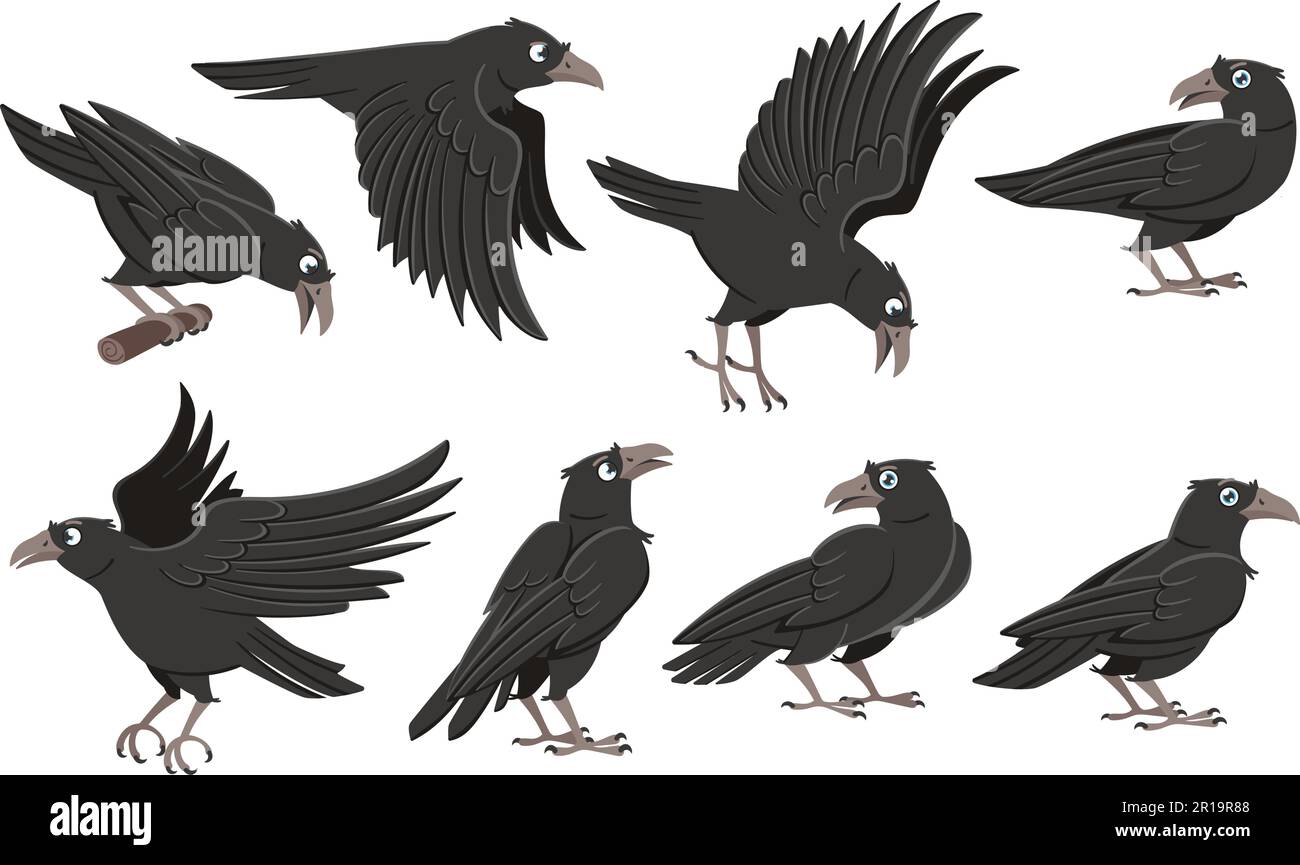 Cartoon crows. Wild black birds, raven character in different poses and flying crow vector illustration set Stock Vector