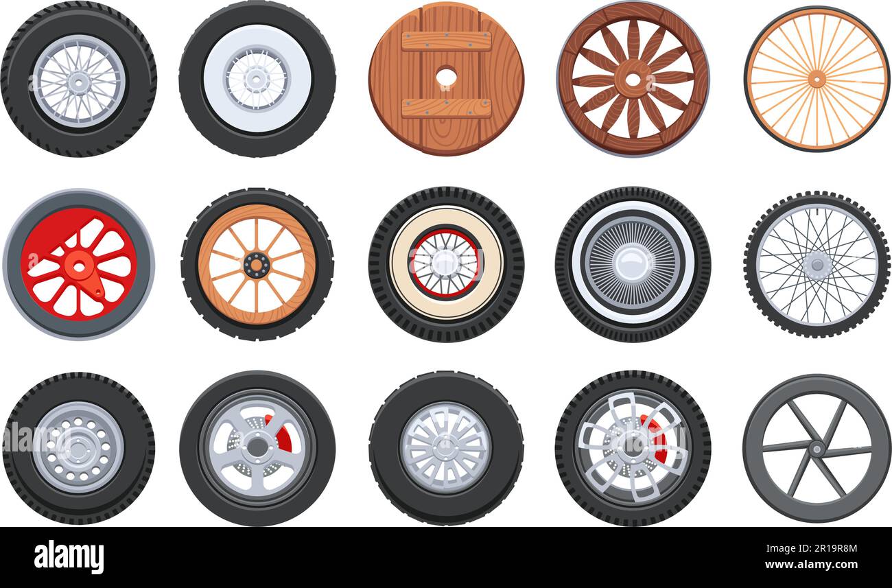 Cartoon transport wheel. Sport car tires, vintage wooden cart, old