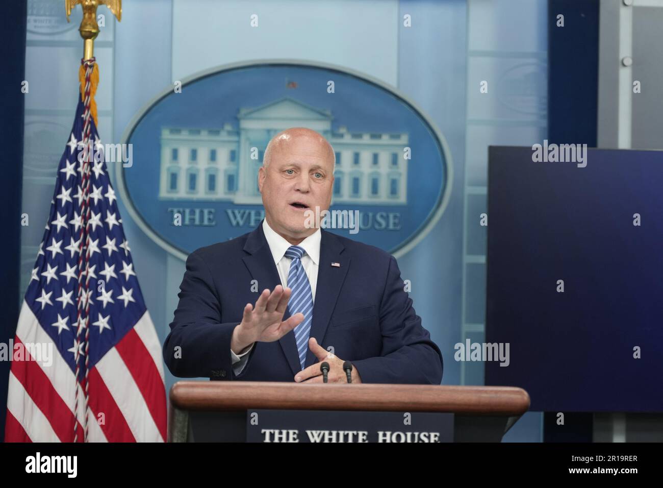Washington, United States. 12th May, 2023. Infrastructure Implementation Coordinator Mitch Landrieu briefs the media in the James S. Brady Press Briefing Room of the White House in Washington, DC on Friday, May 12, 2023. The White House noted that the Biden infrastructure package has in 18 months led to 32,000 projects in 4,500 communities with $229 billion planned spending. Photo by Chris Kleponis/ Credit: UPI/Alamy Live News Stock Photo