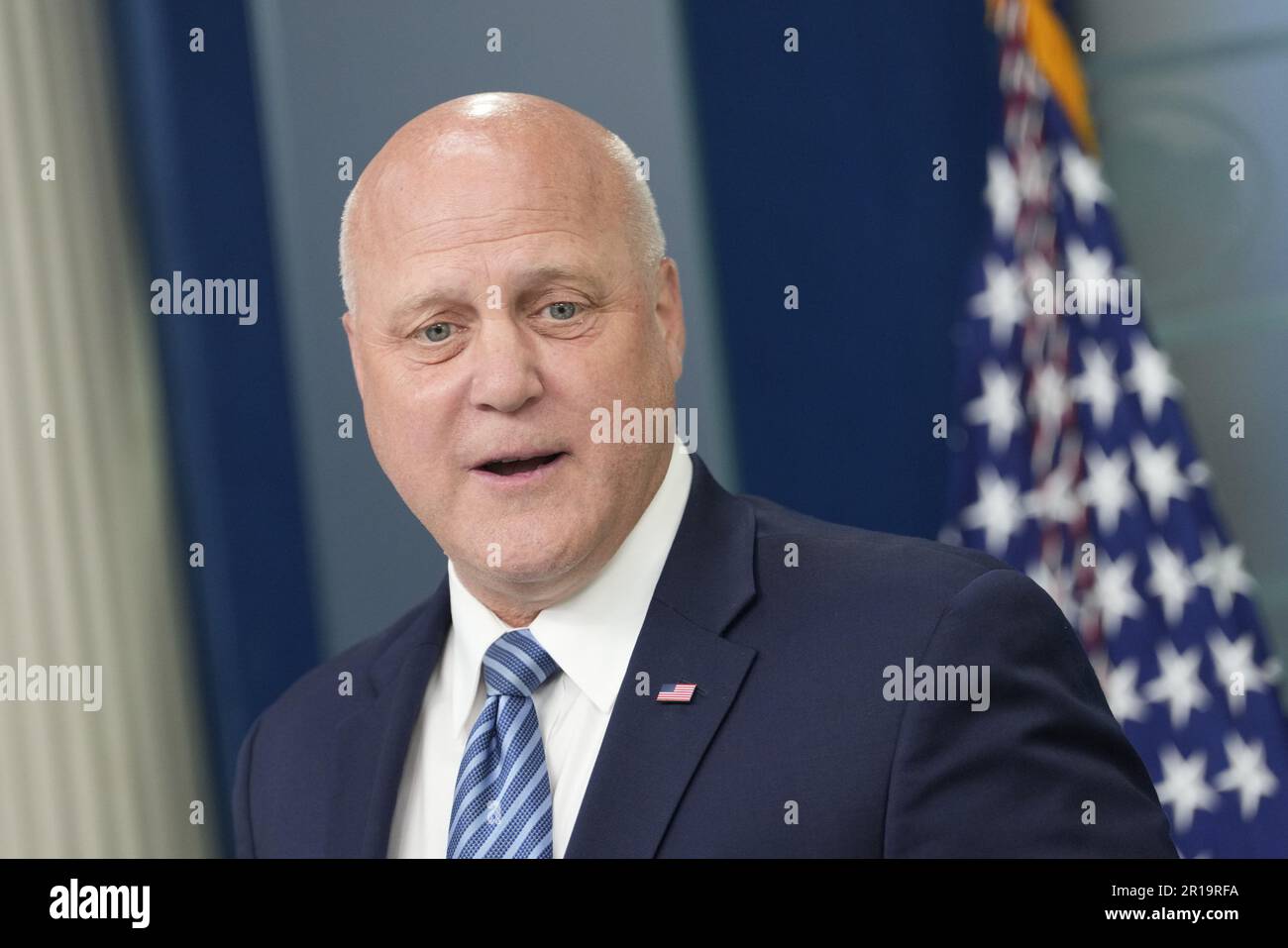 Washington, United States. 12th May, 2023. Infrastructure Implementation Coordinator Mitch Landrieu briefs the media in the James S. Brady Press Briefing Room of the White House in Washington, DC on Friday, May 12, 2023. The White House noted that the Biden infrastructure package has in 18 months led to 32,000 projects in 4,500 communities with $229 billion planned spending. Photo by Chris Kleponis/ Credit: UPI/Alamy Live News Stock Photo