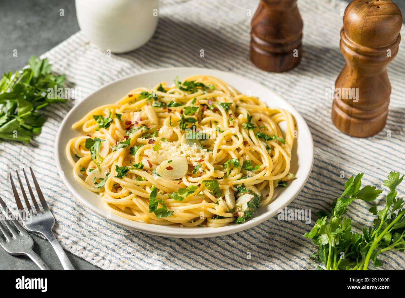 Homemade Pasta Aglio e Olio Dinner with Garlic and Oil Stock Photo
