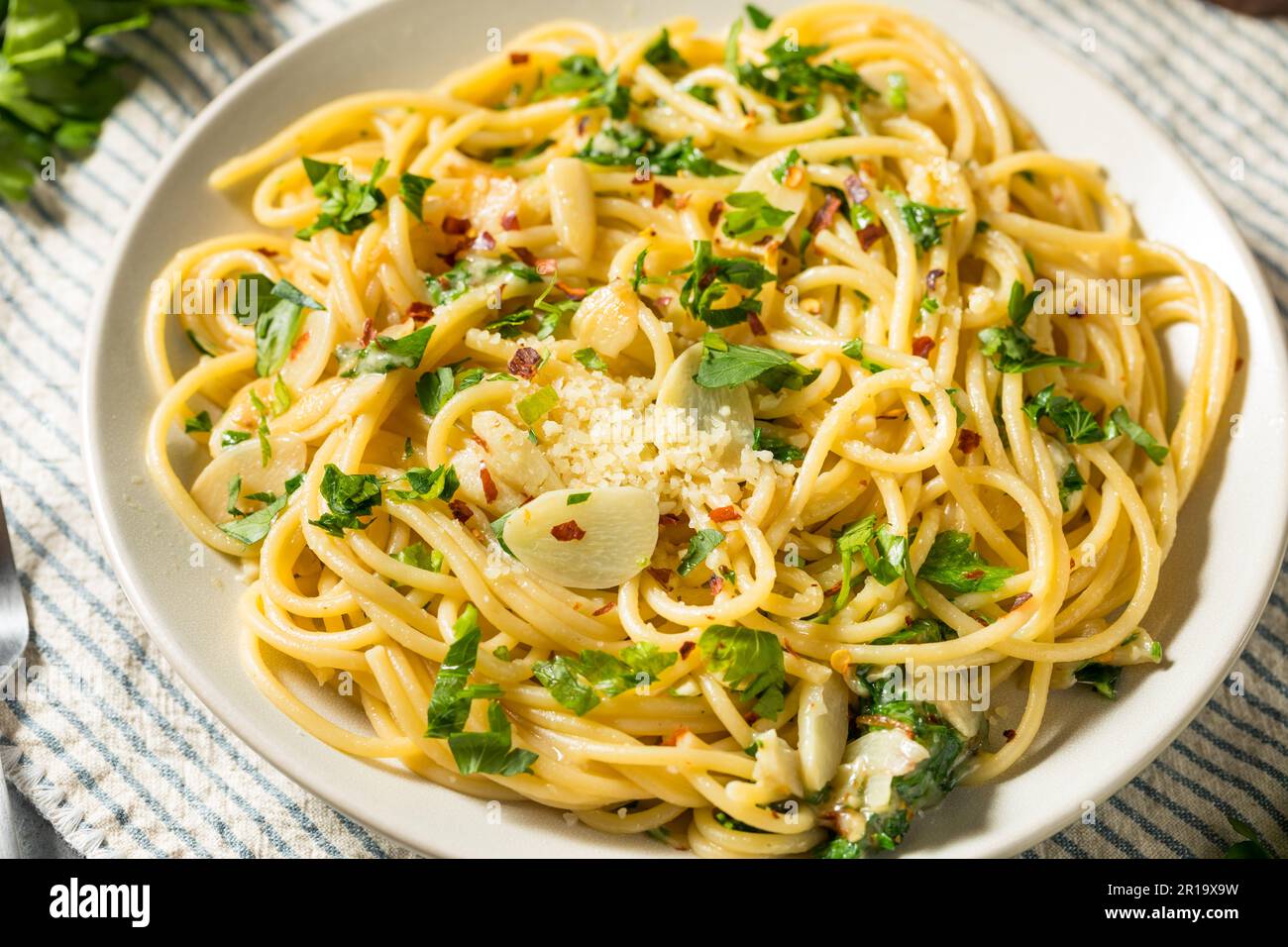 Homemade Pasta Aglio e Olio Dinner with Garlic and Oil Stock Photo