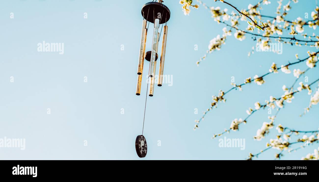 Wind chime with zen symbolism hanging on tree in blossom with copy