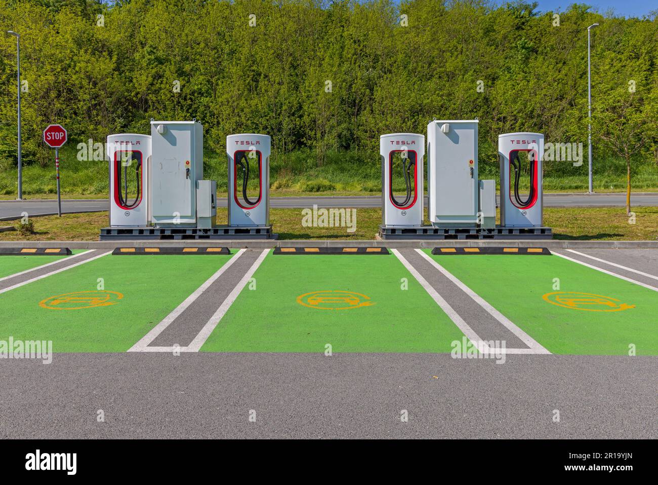 Belgrade, Serbia May 06, 2023 Fast Chargers for Tesla Electric Cars