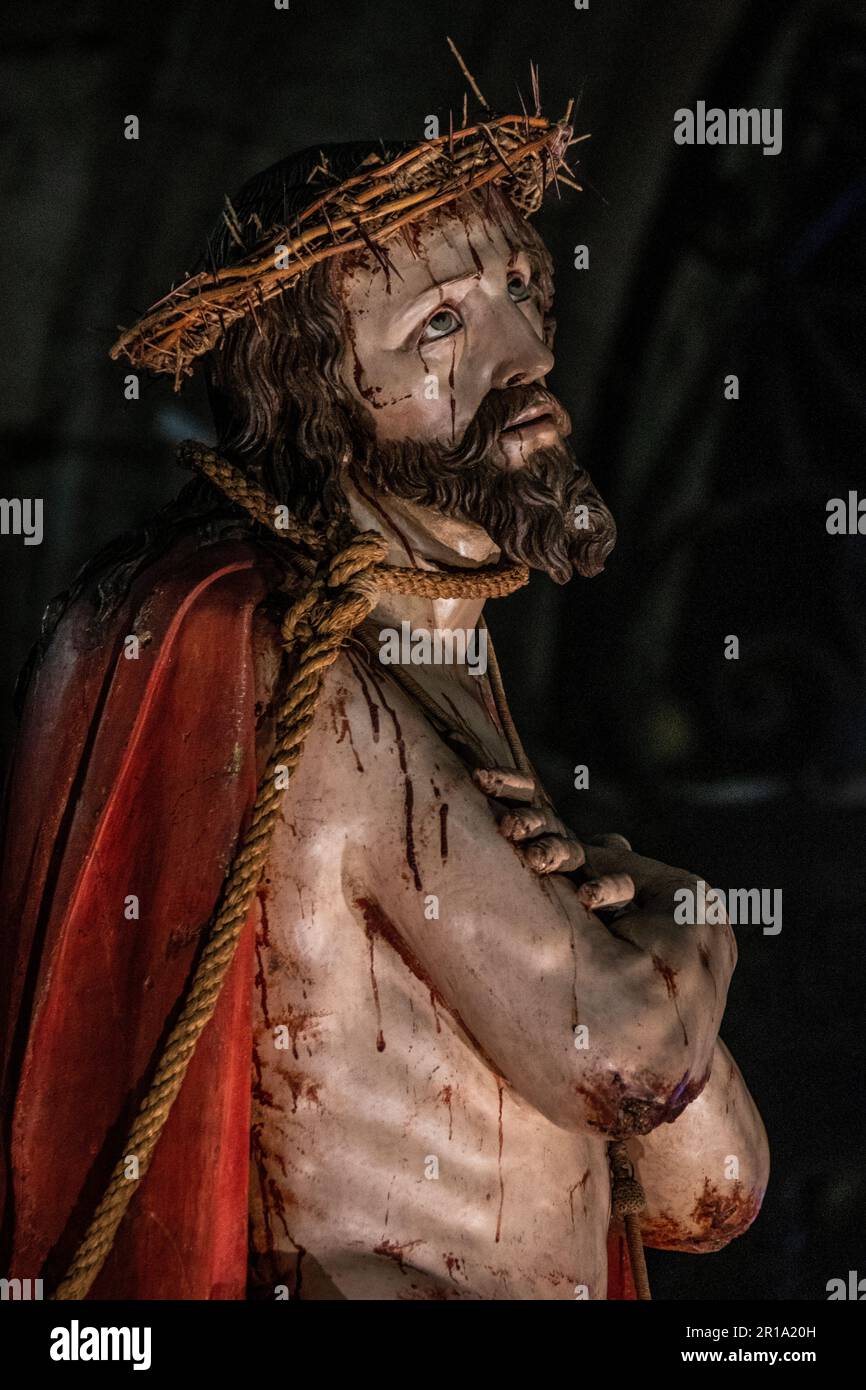 Detail of a Paso Statue of  Jesus in a Crown of Thorns in a Semana Santa Procession in Valladolid, Spain Stock Photo