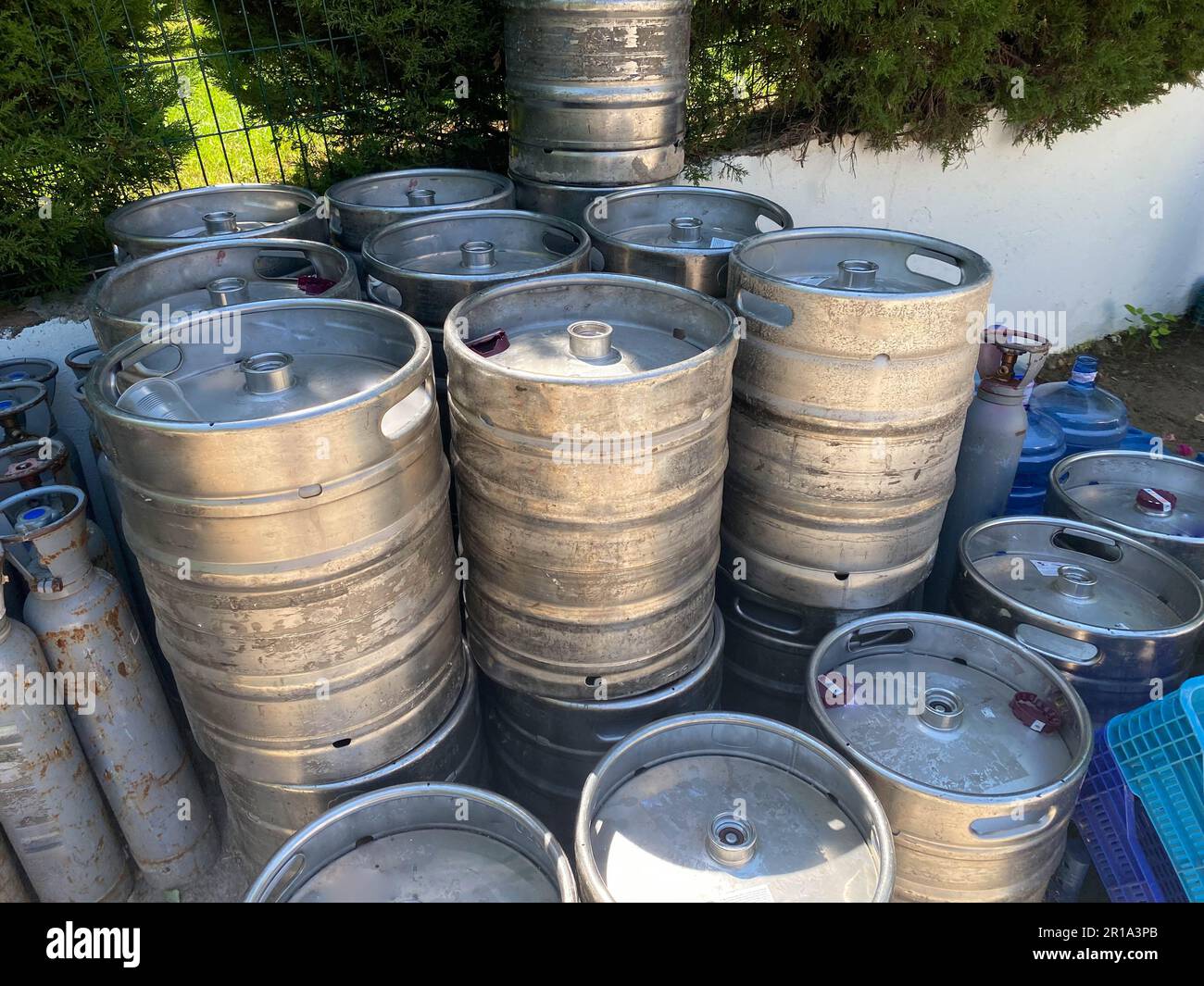 warehouse of special barrels for beer storage kegs, new aluminum kegs