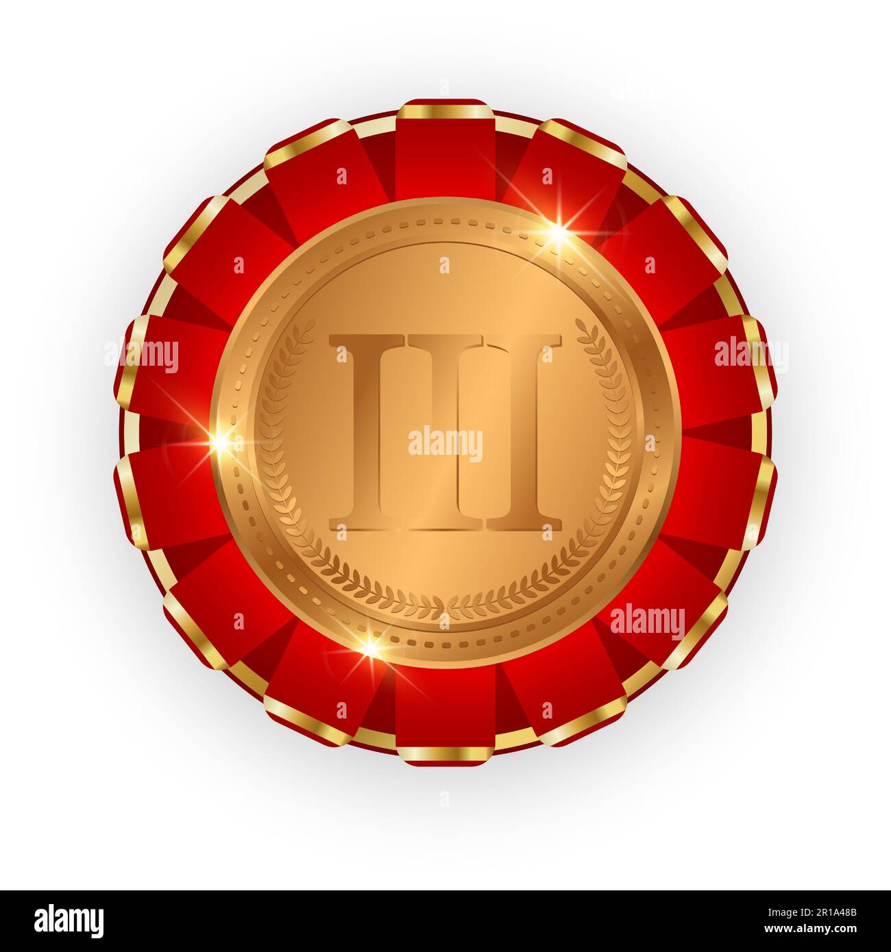 Bronze round award, decorated with folds of a red ribbon. Insignia in the form of a 3D round badge with a ribbon. Vector illustration. Stock Vector