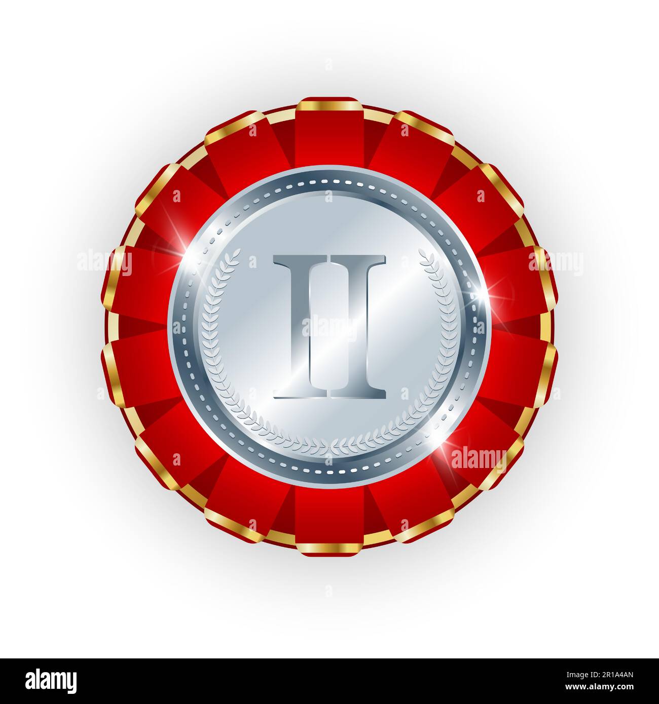 A silver circular medal adorned with red ribbon folds, an award or badge of distinction for a winner. Vector illustration. Stock Vector