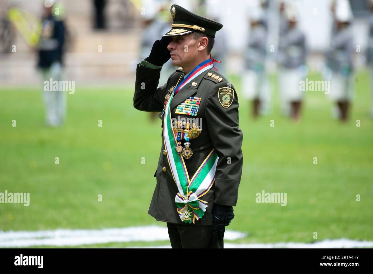 Colombia's outgoing police director Henry Sanabria during the ceremony of the new Colombian Police Director William Rene Salamanca at the General Sant Stock Photo